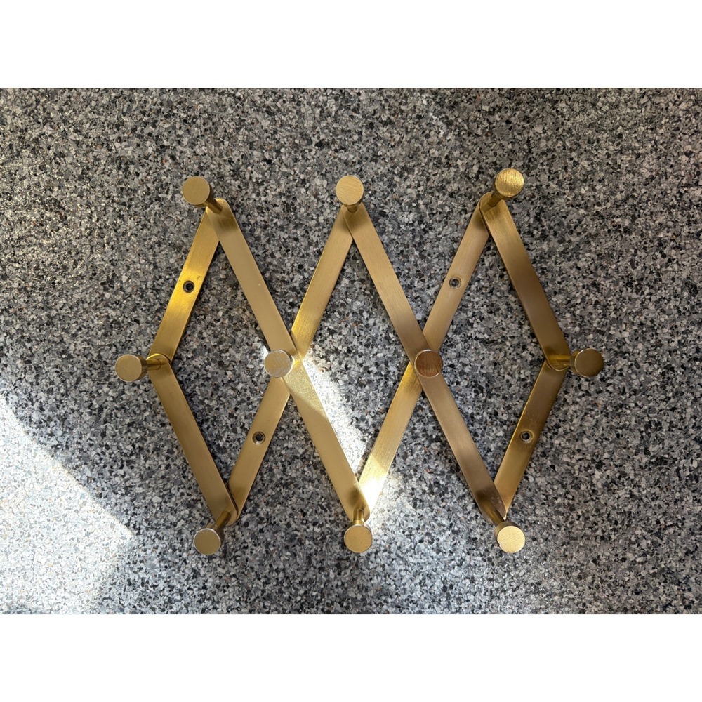 Vintage Style Gold Metal Accordion Wall Rack 10 Peg Expandable Coat Hat Hanger